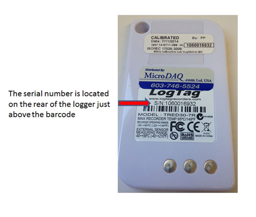 Picture of Where to Find the Serial Number on a TRED30 Vaccine Data Logger